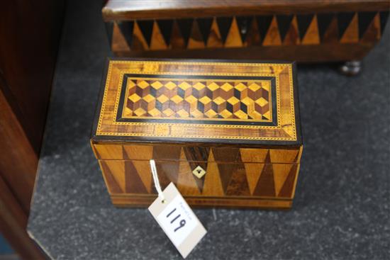 An early 19th century Tunbridge ware Vandyke marquetry sewing box and similar tea caddy, 13in.